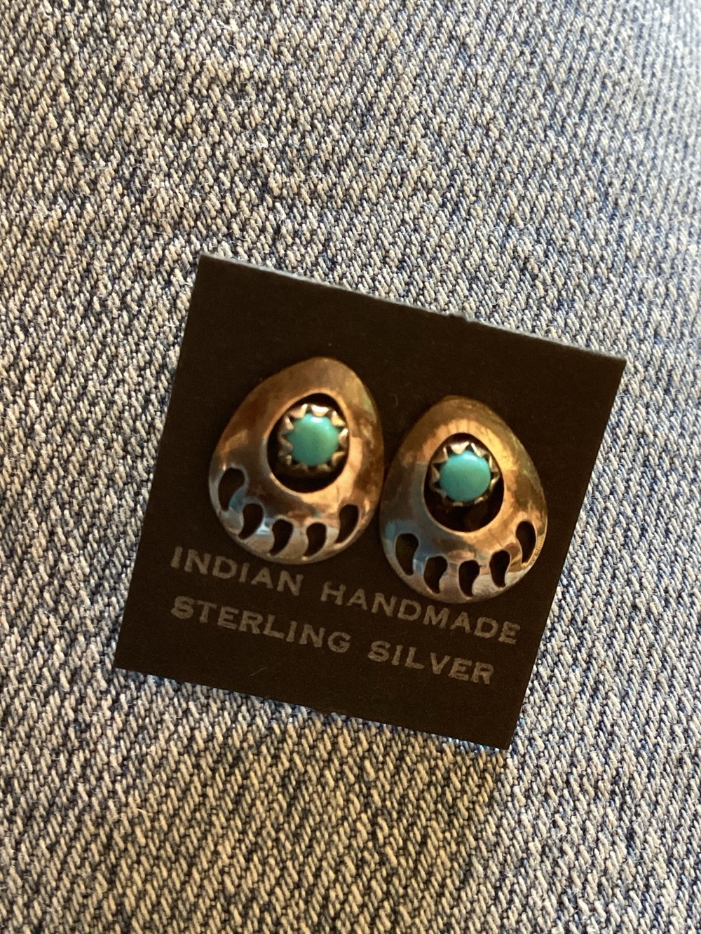 Earrings Native American Bear Paw Sterling Silver Natural Matched Turquoise